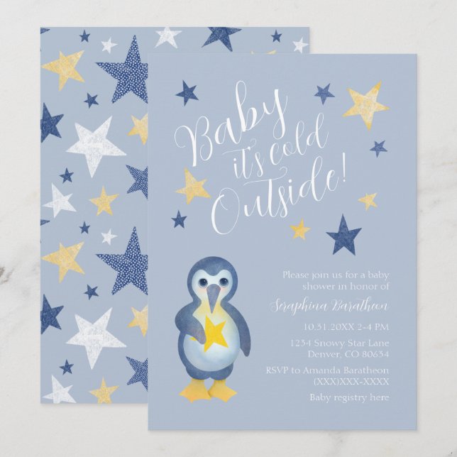 Blue Yellow Winter Penguin Baby Shower Invitation (Front/Back)