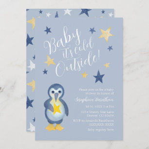 Blue Yellow Winter Penguin Baby Shower Invitation