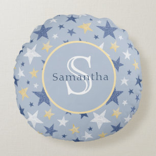 Blue & Yellow Winter Stars Personalized Monogram Round Pillow