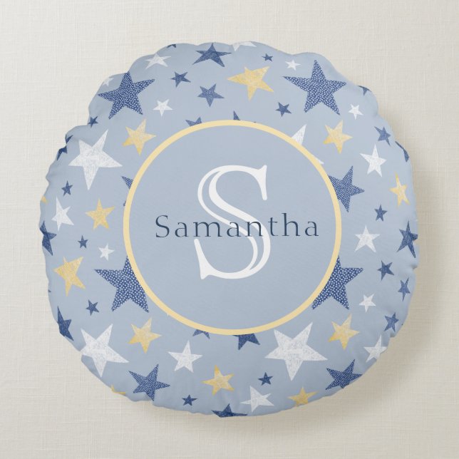 Blue & Yellow Winter Stars Personalized Monogram Round Pillow (Front)