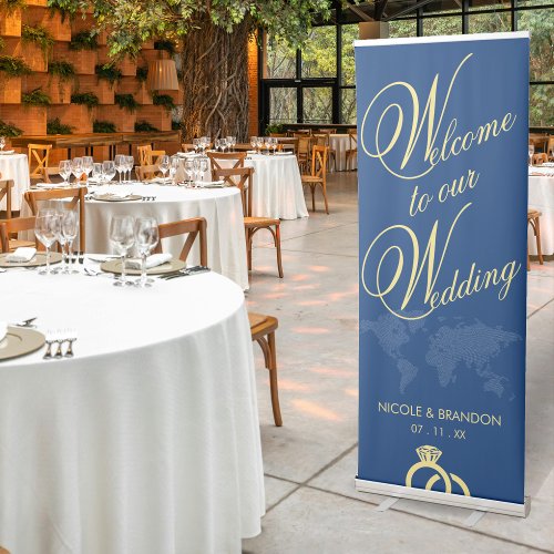 Blue  Yellow World Map Destination Wedding Retractable Banner