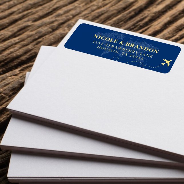 Blue & Yellow World Map Plane Destination Wedding Label (Blue & Yellow World Map Plane Destination Wedding Label)