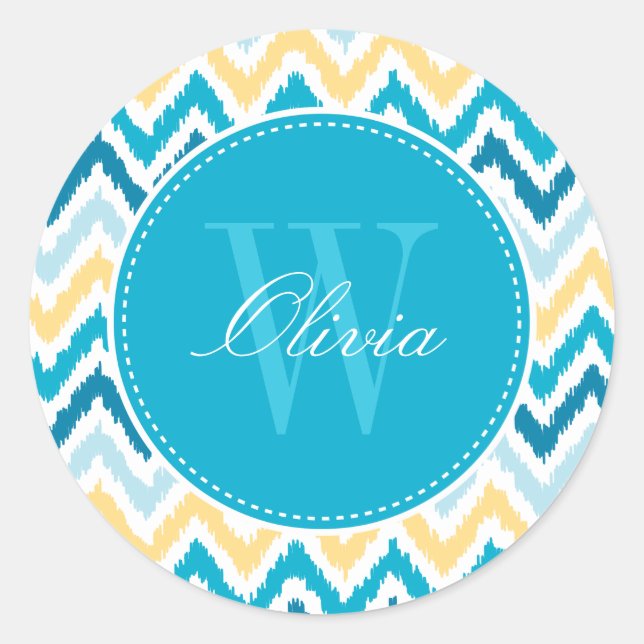 Blue Yellow Zigzag Ikat Pattern Monogram Classic Round Sticker (Front)
