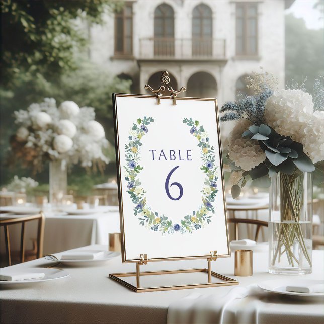 Blue yelow floral wreath bohemian rustic wedding invitation (Creator Uploaded)