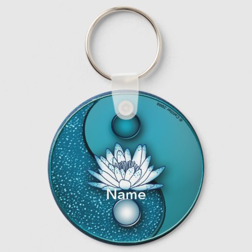 Blue Yin Yang Lotus custom name  Keychain