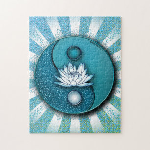 Blue Yin Yang Lotus Jigsaw Puzzle
