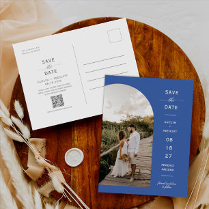 Blue Yonder Arch Photo QR Code Save the Date Postcard