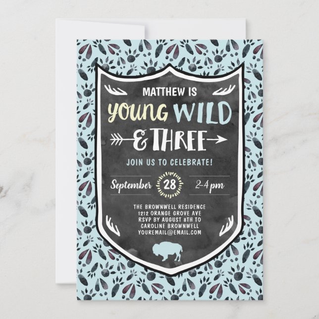 Blue Young Wild and Three Boys 3rd Birthday Party Invitation (Front)
