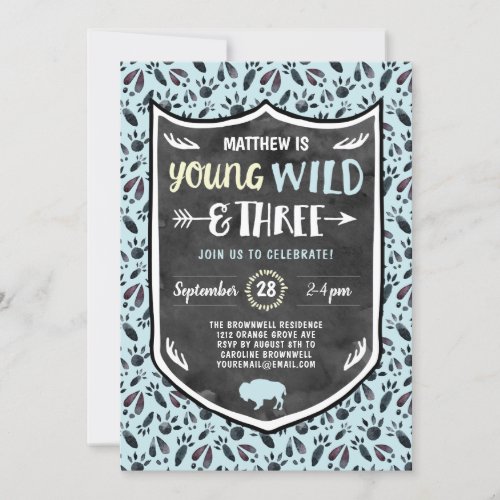 Blue Young Wild and Three Boys 3rd Birthday Party Invitation