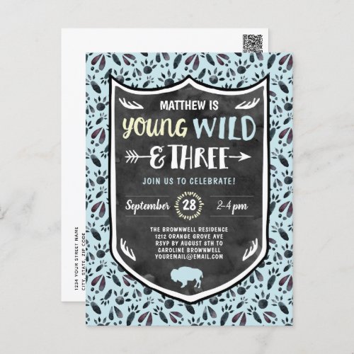 Blue Young Wild and Three Boys 3rd Birthday Party Postcard