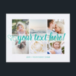Blue Your custom text 6 photos collage universal Postcard<br><div class="desc">Script with Heart Your custom text 6 photos collage turquoise blue universal Postcard. Personalized 6 family collage photos Universal Greetings Postcards featuring a stylish photo collage with 6 customized images, your greetings message in elegant handwritten script font, your name, date, year, message on the back in a modern and simple...</div>
