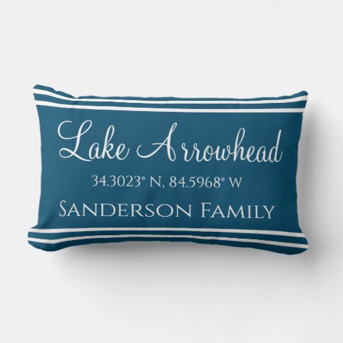  Blue Your Lake and Family Name  Map Coordinates Lumbar Pillow