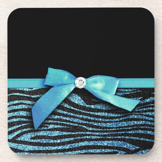 Blue Zebra and ribbon bow graphic Drink Coaster (Front)