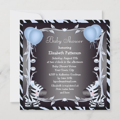 Blue Zebra &amp; Balloons Animal Print Baby Shower Personalized Invite