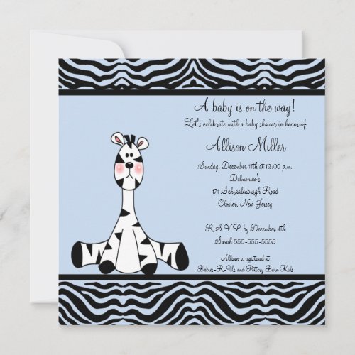 Blue Zebra Boy Baby Shower Invitation