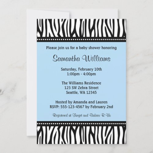 Trendy Blue Zebra Boy Baby Shower Personalized Invite