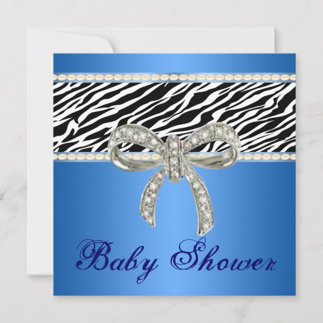 Blue Zebra Diamond Bow Baby Shower Invitation (Front)