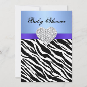 Blue Zebra Diamond Heart Baby Shower Invitation