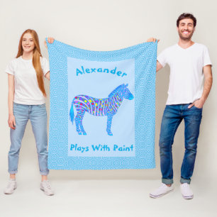 Blue Zebra Dots Stripes Plays With Paint Cozy Fleece Blanket