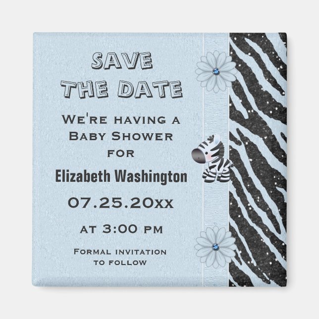 Blue Zebra & Flowers Baby Shower Save the Date Magnet (Front)