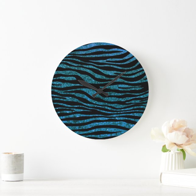 Blue Zebra, Glitter Zebra, Zebra Print, Stripes Large Clock (Home)
