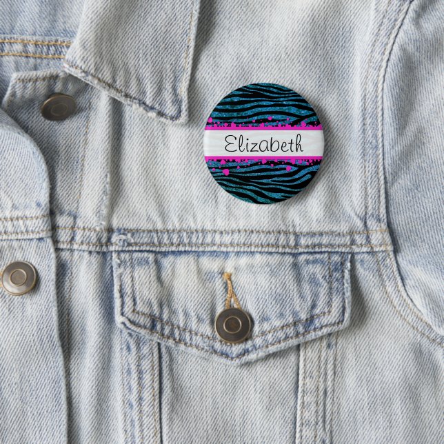 Blue Zebra, Glitter Zebra, Zebra Print, Your Name Pinback Button (In Situ)