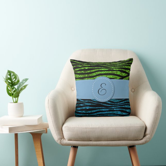 Blue Zebra, Green Zebra, Glitter Zebra, Monogram Throw Pillow (Chair)