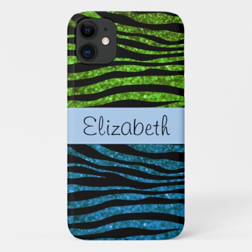 Blue Zebra Green Zebra Glitter Zebra Your Name iPhone 11 Case