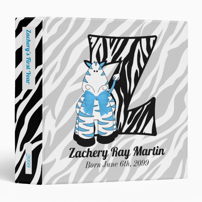Blue Zebra Monogram Letter Z Baby Scrapbook 3 Ring Binder (Front/Spine)