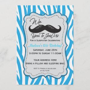 Blue Zebra Mustache Sleepover Party! Invitation