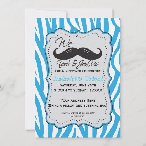 Blue Zebra Mustache Sleepover Party! Announcement