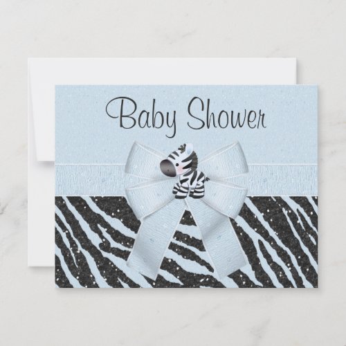 Blue Zebra Printed Bow  Glitter Look Baby Shower Invitation