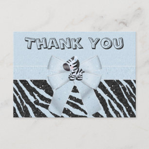 Blue Zebra & Printed Bow Glitter Look Thank You Card