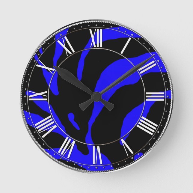 Blue Zebra Stripe Animal Print Round Clock (Front)