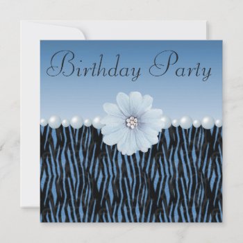 Blue Zebra Stripes  Pearls & Flower Birthday Party Invitation by AJ_Graphics at Zazzle