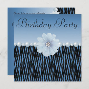 Blue Zebra Stripes, Pearls & Flower Birthday Party Invitation