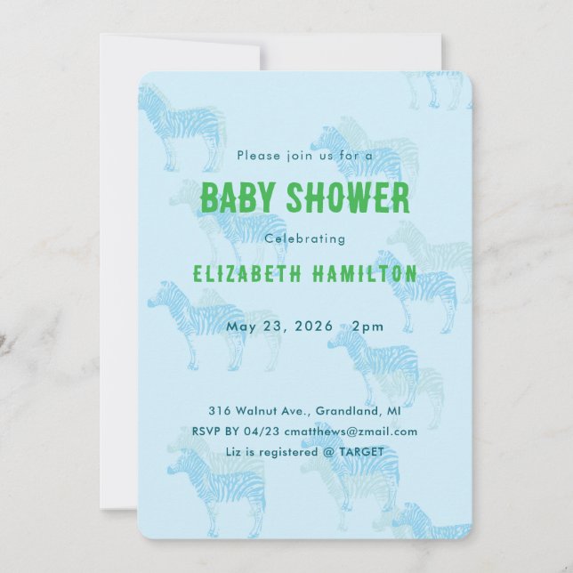 Blue Zebras Baby Shower Invitation (Front)
