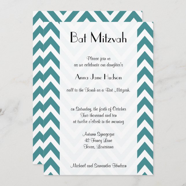 Blue Zigzag, Blue Chevron, Bat Mitzvah Invitation (Front/Back)