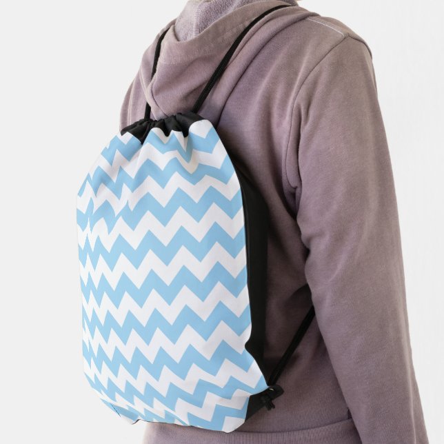 Blue Zigzag, Blue Chevron, Geometric Pattern Drawstring Bag (Insitu)