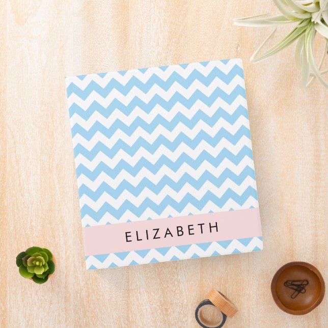 Blue Zigzag, Blue Chevron, Wave Pattern, Your Name 3 Ring Binder (In Situ)