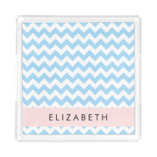 Blue Zigzag, Blue Chevron, Wave Pattern, Your Name Acrylic Tray