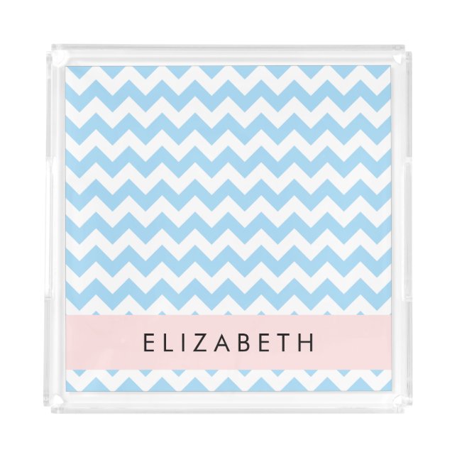 Blue Zigzag, Blue Chevron, Wave Pattern, Your Name Acrylic Tray (Front)