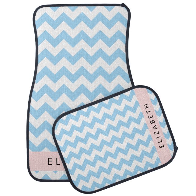 Blue Zigzag, Blue Chevron, Wave Pattern, Your Name Car Floor Mat (Set)