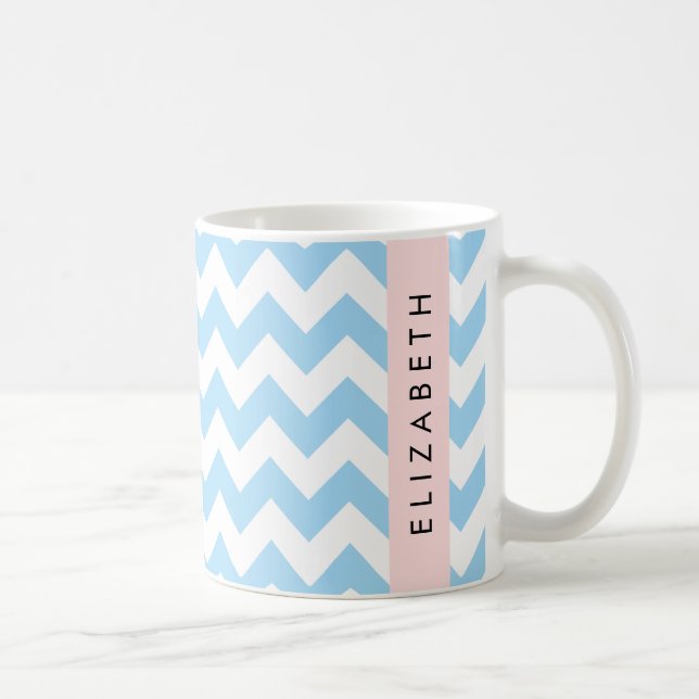 Blue Zigzag, Blue Chevron, Wave Pattern, Your Name Coffee Mug (Right)