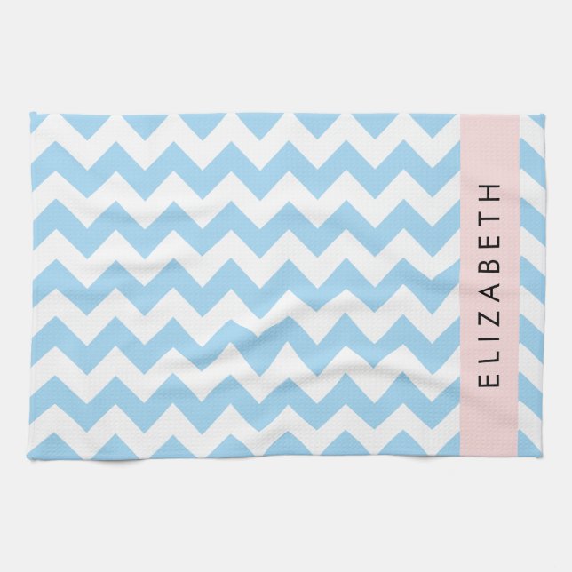 Blue Zigzag, Blue Chevron, Wave Pattern, Your Name Kitchen Towel (Horizontal)