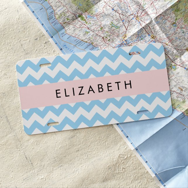 Blue Zigzag, Blue Chevron, Wave Pattern, Your Name License Plate (In Situ)