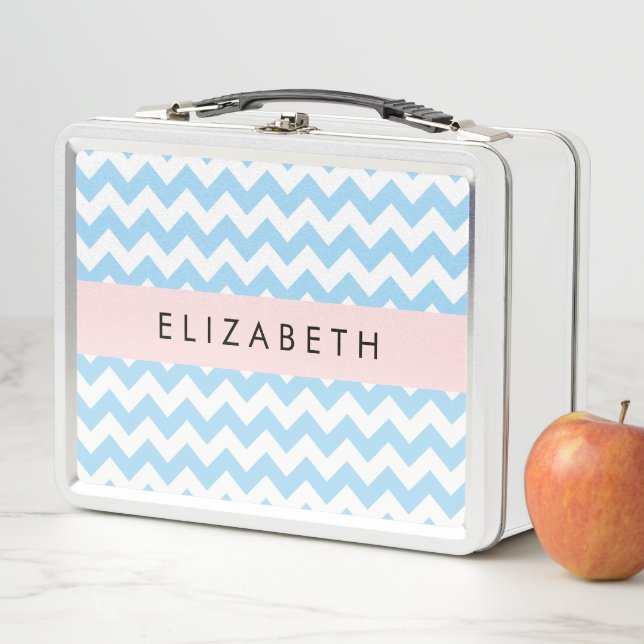 Blue Zigzag, Blue Chevron, Wave Pattern, Your Name Metal Lunch Box (In Situ)