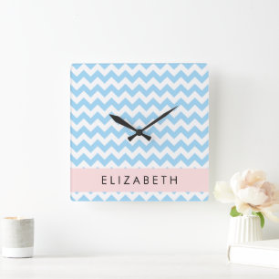Blue Zigzag, Blue Chevron, Wave Pattern, Your Name Square Wall Clock