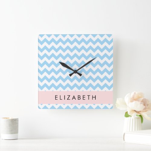 Blue Zigzag Blue Chevron Wave Pattern Your Name Square Wall Clock