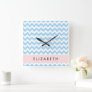 Blue Zigzag, Blue Chevron, Wave Pattern, Your Name Square Wall Clock